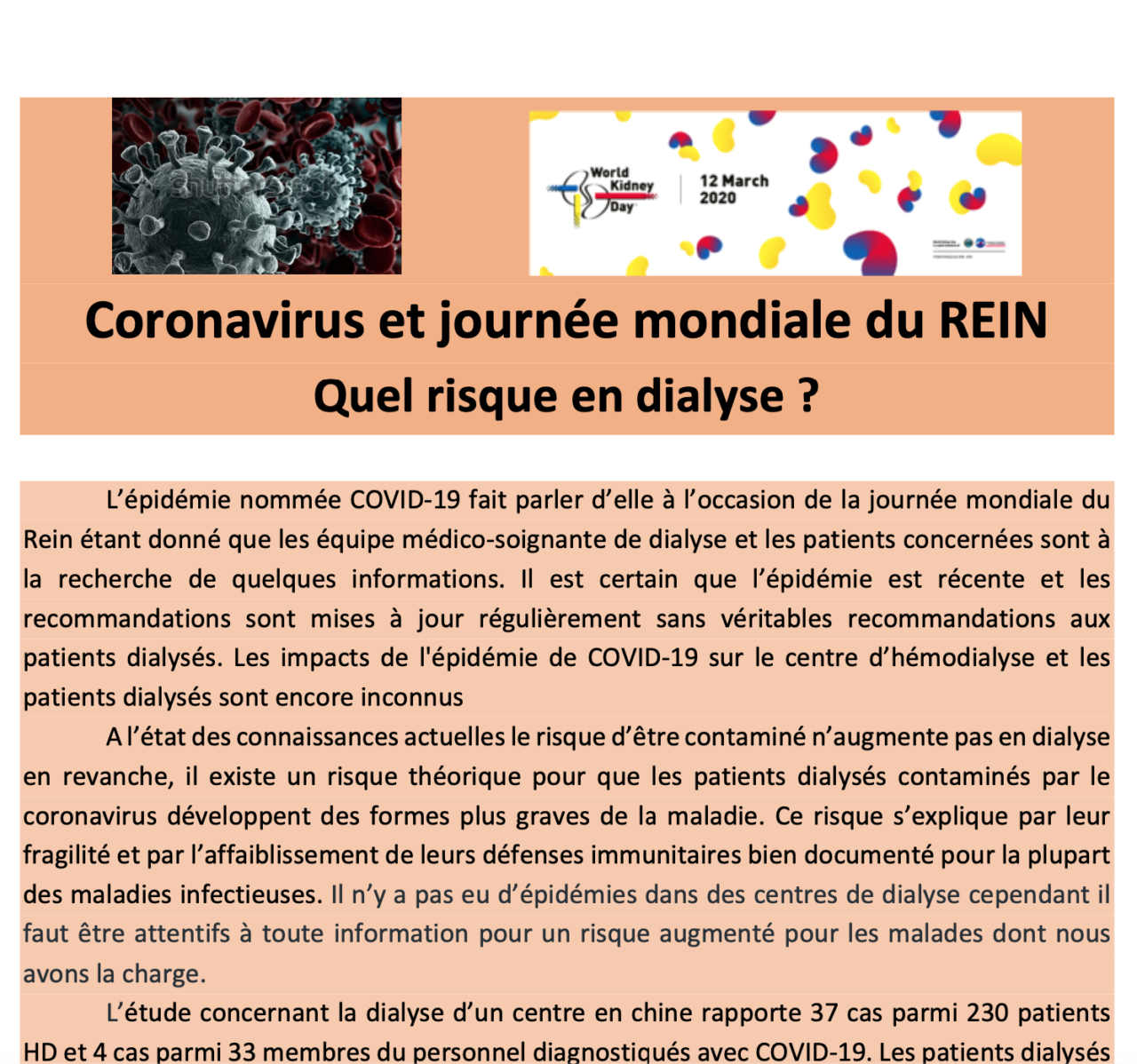 Coronavirus et journée mondiale du REIN